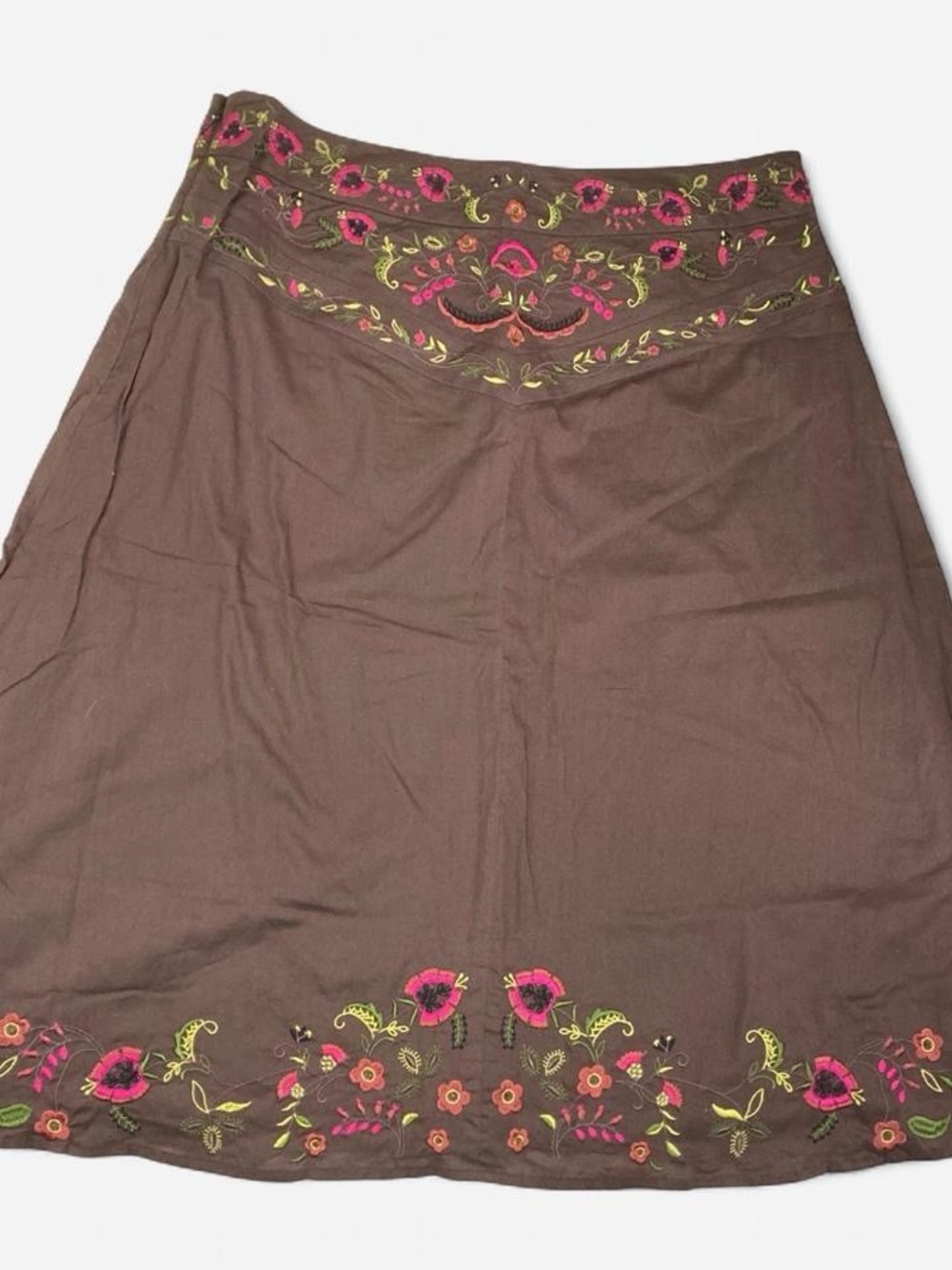 QUE Brown Embroidered Skirt 12 Boho Floral Y2K Fairycore Coastal Cowgirl Midi